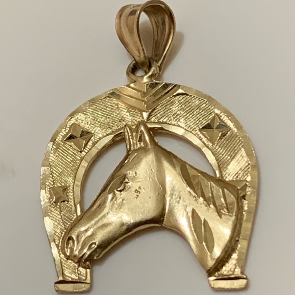 14k Yellow Gold Horse, Horse Shoe Pendant